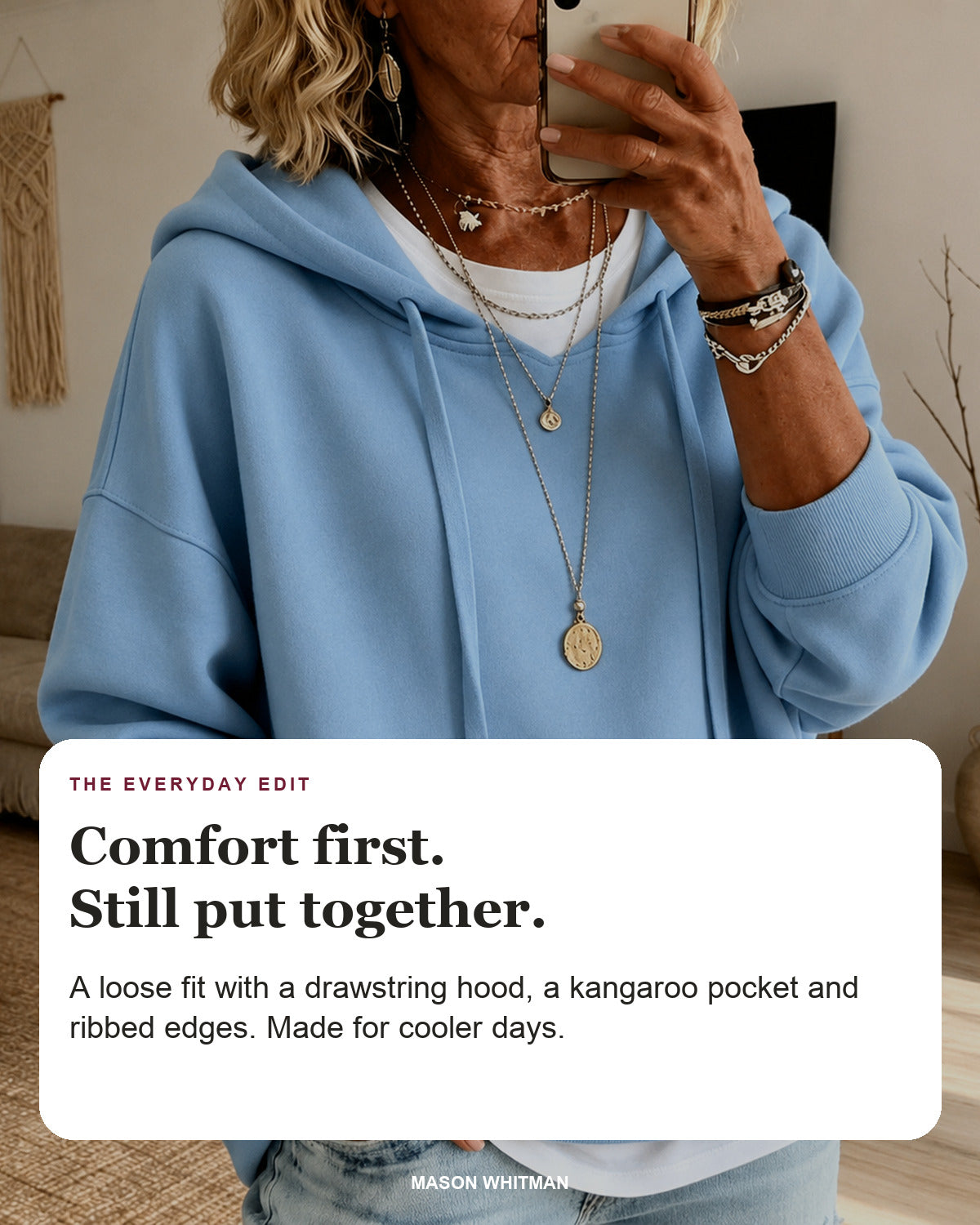Ines sweater editorial card: drawstring hood, kangaroo pocket, ribbed hem.