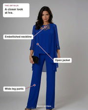 Iva details: Embellished neckline, Open jacket, Wide-leg pants.