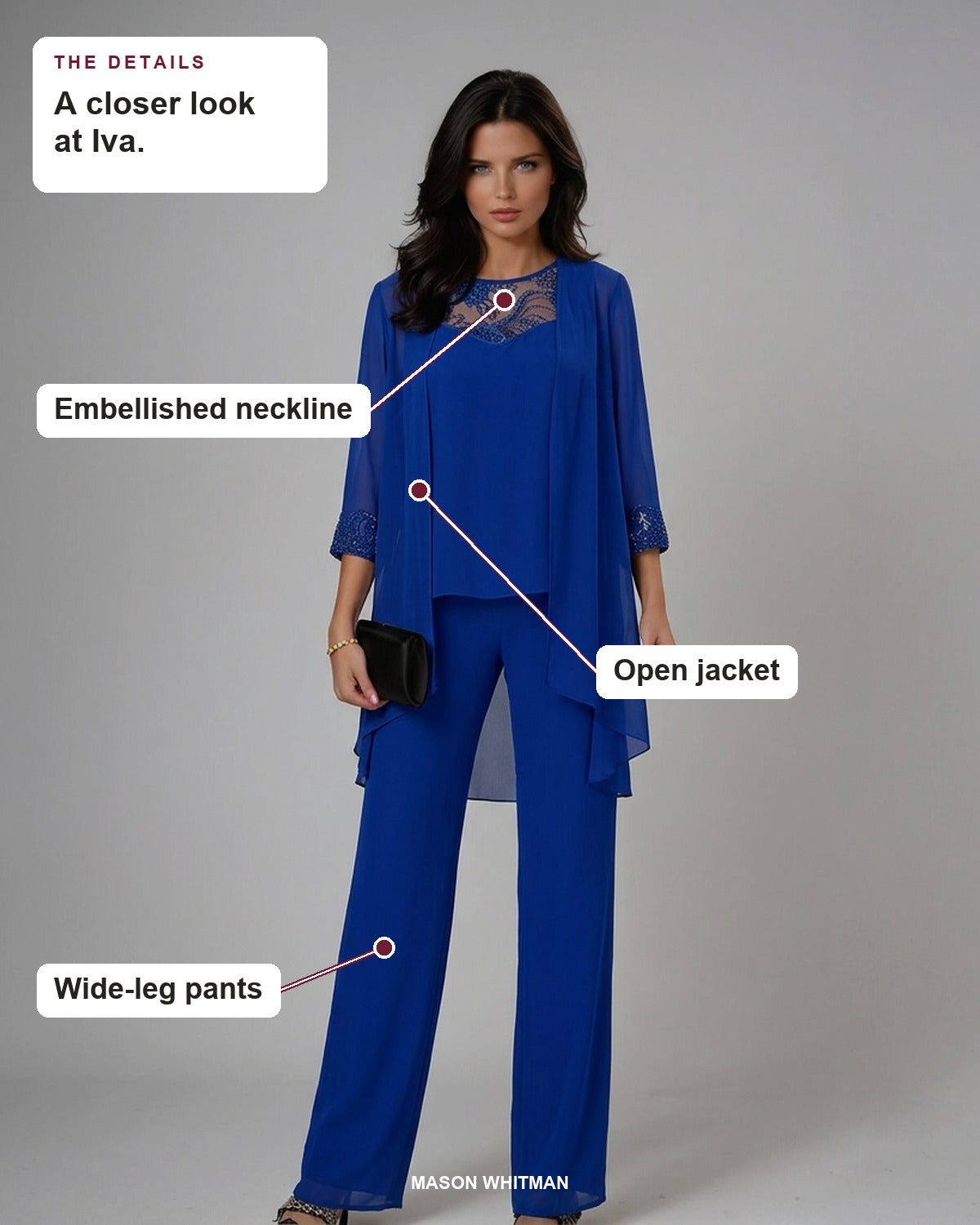 Iva details: Embellished neckline, Open jacket, Wide-leg pants.