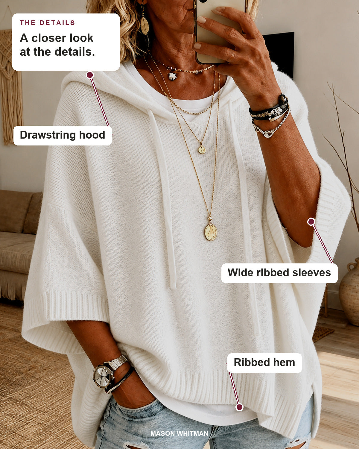 Janice sweater details: drawstring hood, wide ribbed sleeves, ribbed hem.
