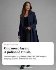 Josie editorial styling card: Notched lapels, Long sleeves, Waist belt.
