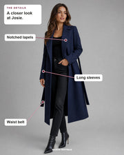 Josie details: Notched lapels, Long sleeves, Waist belt.