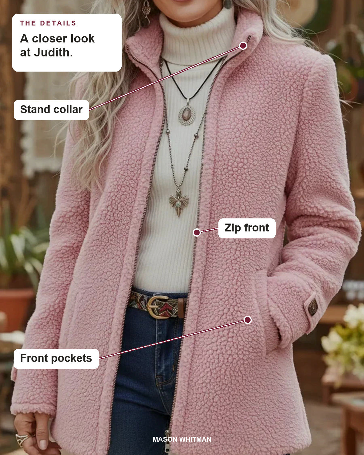 Judith details: Stand collar, Zip front, Front pockets.