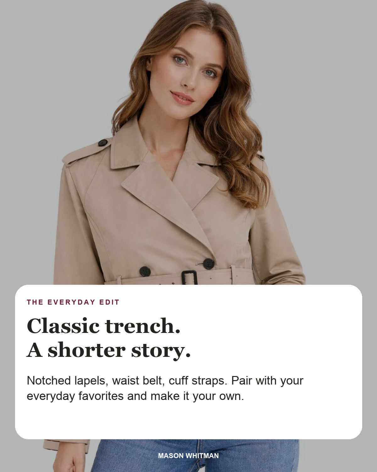 Juliana editorial styling card: Notched lapels, Waist belt, Cuff straps.