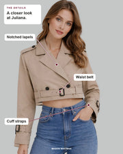 Juliana details: Notched lapels, Waist belt, Cuff straps.
