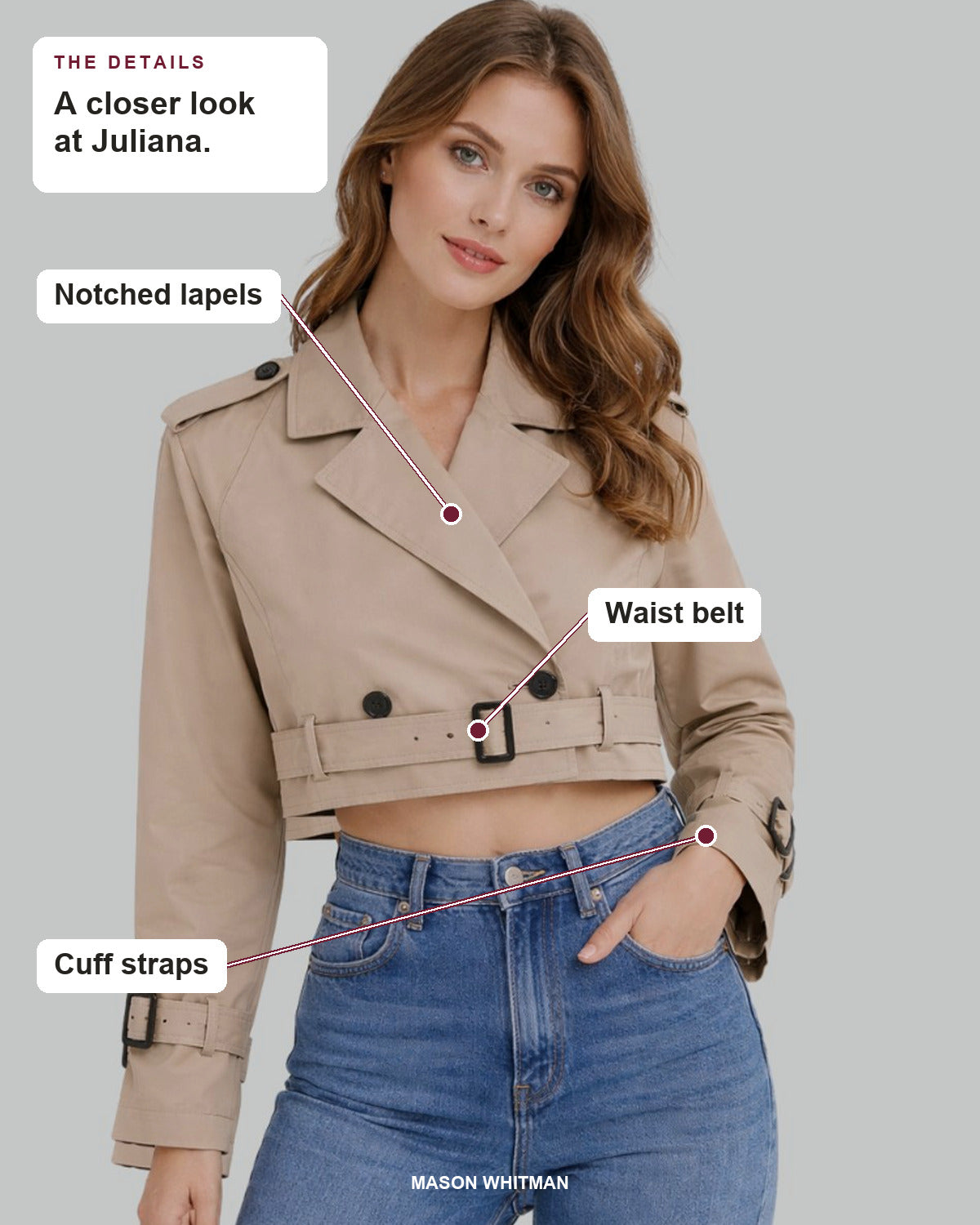 Juliana details: Notched lapels, Waist belt, Cuff straps.