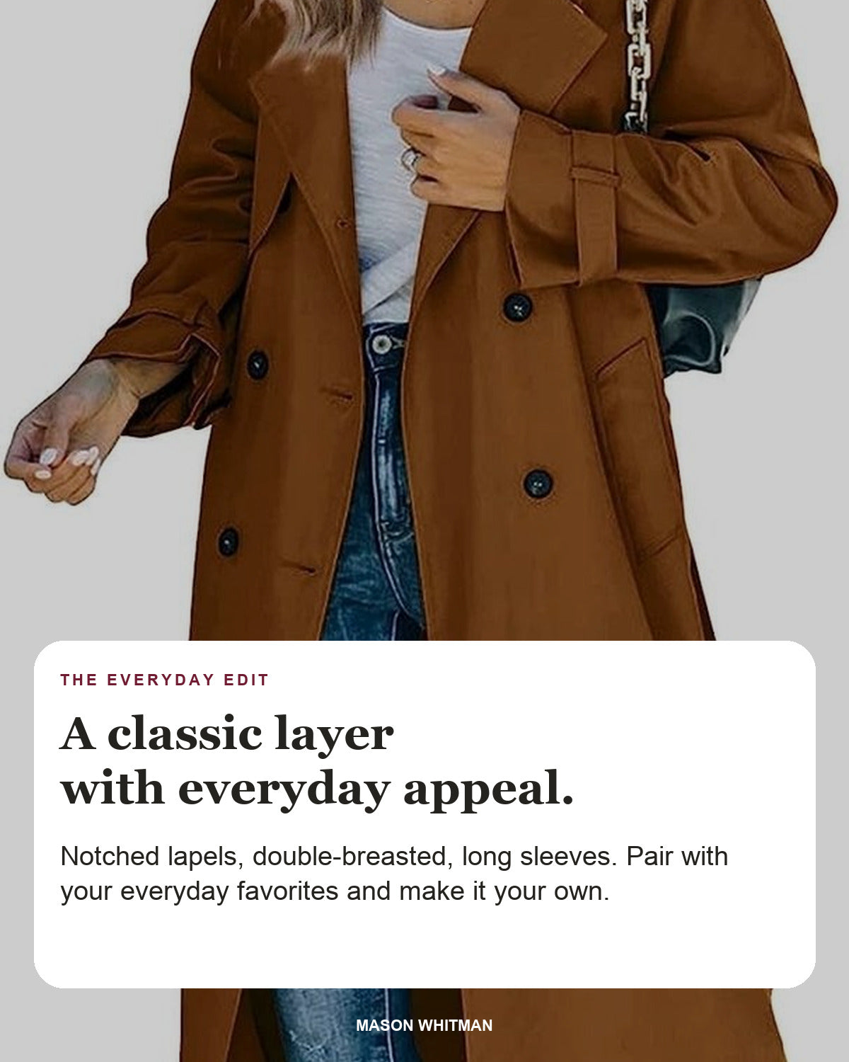 Juliet editorial styling card: Notched lapels, Double-breasted, Long sleeves.