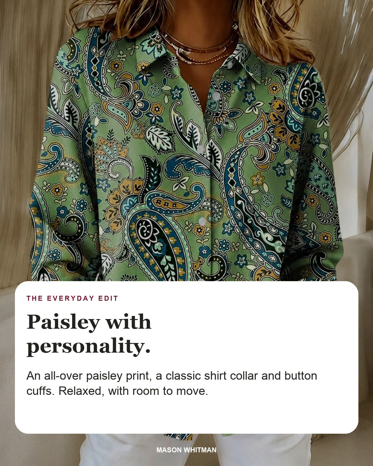 Katarina blouse editorial card: paisley print, button-up front, button cuffs.