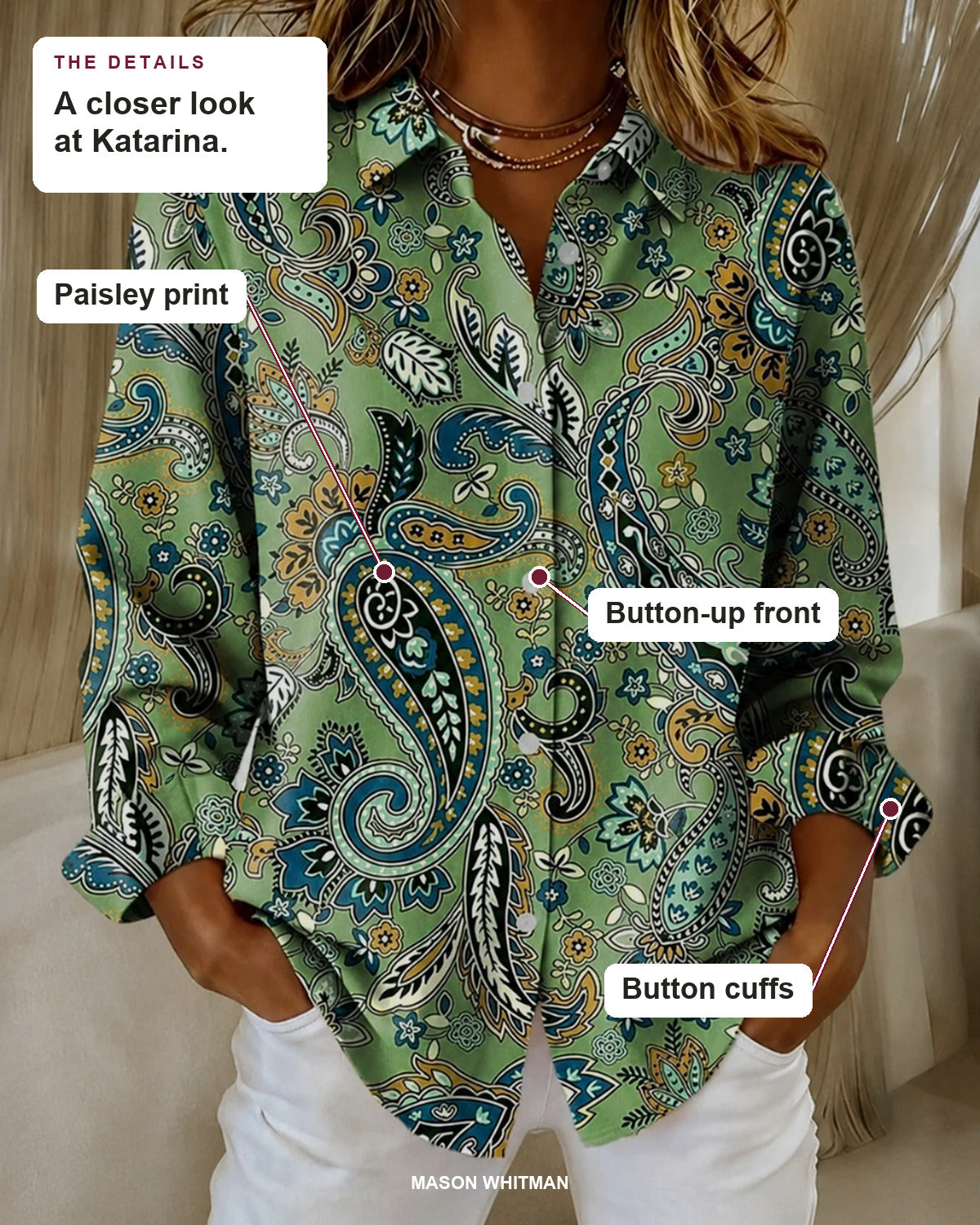 Katarina blouse details: paisley print, button-up front, button cuffs.