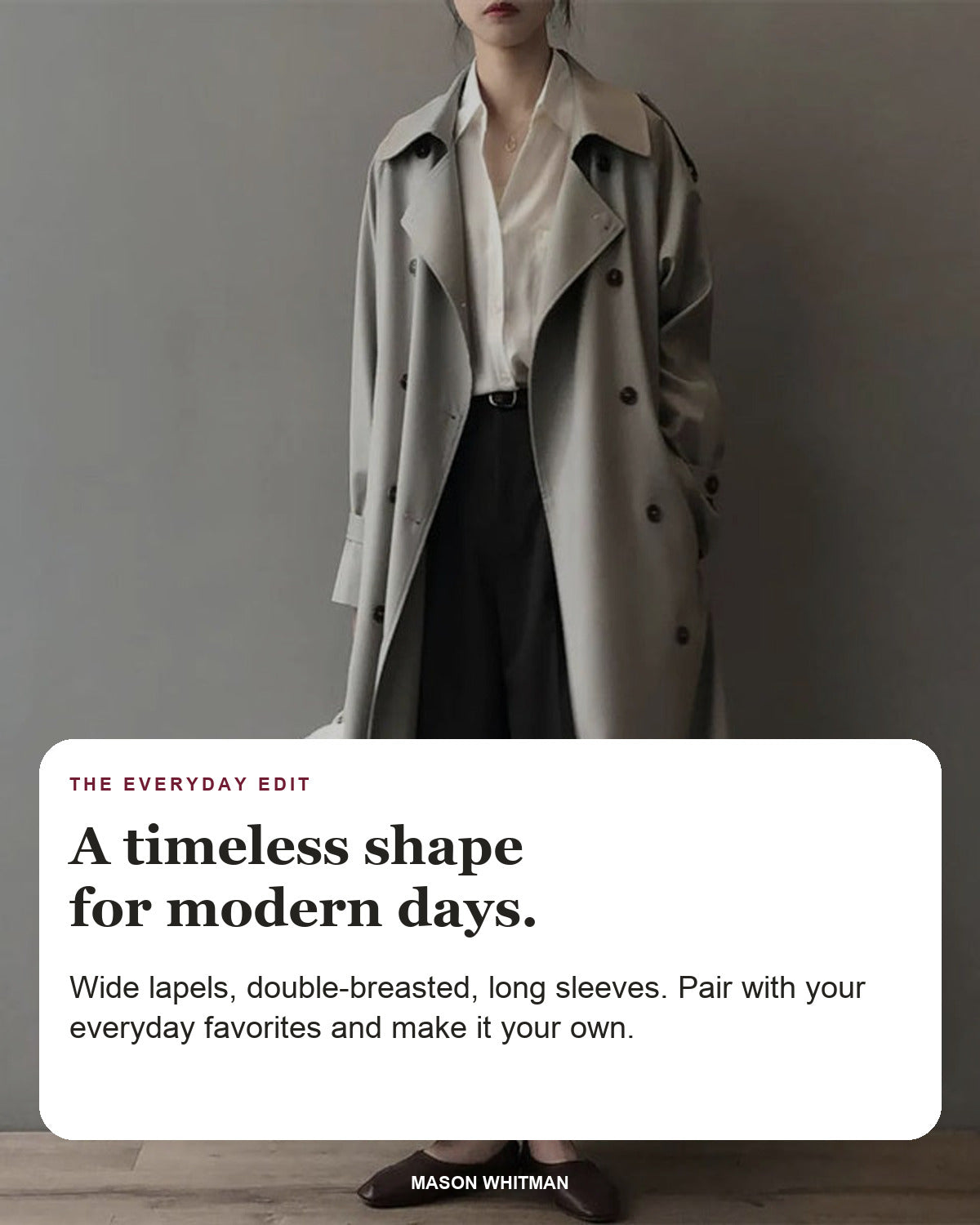 Katherine editorial styling card: Wide lapels, Double-breasted, Long sleeves.
