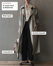 Katherine details: Wide lapels, Double-breasted, Long sleeves.