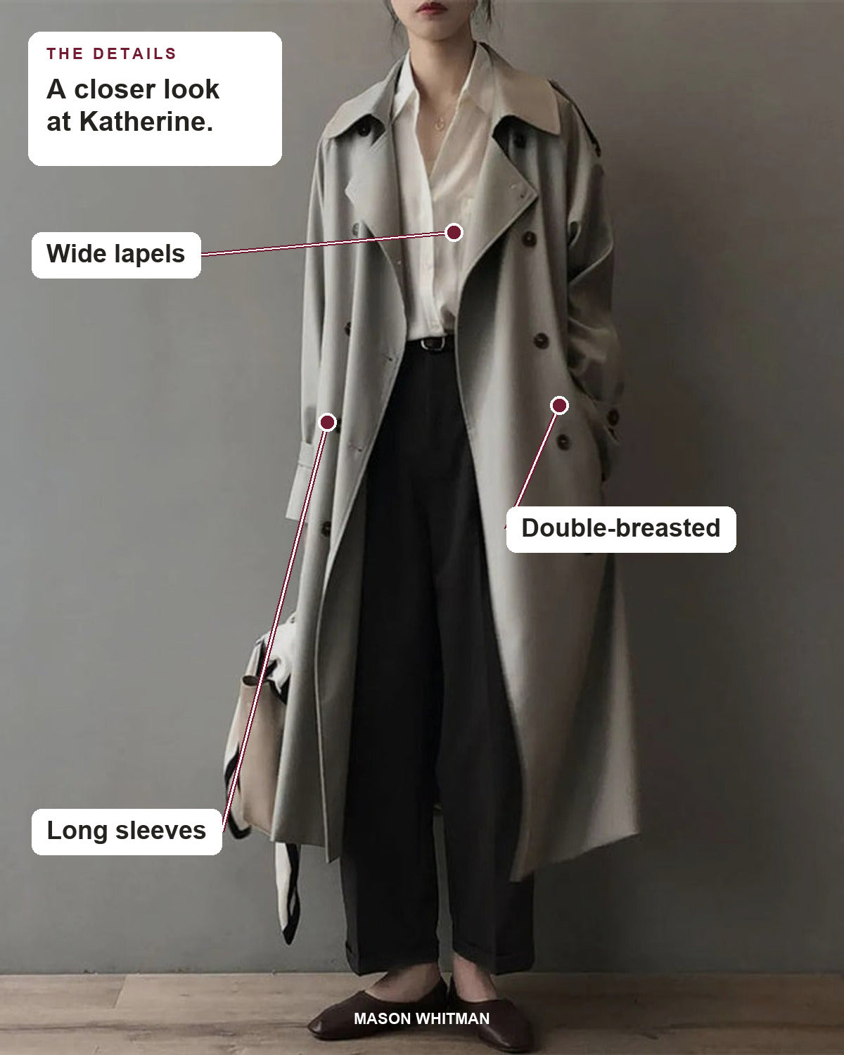 Katherine details: Wide lapels, Double-breasted, Long sleeves.