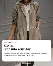 Kathleen editorial styling card: Hooded neckline, Zip front, Drawstring detail.