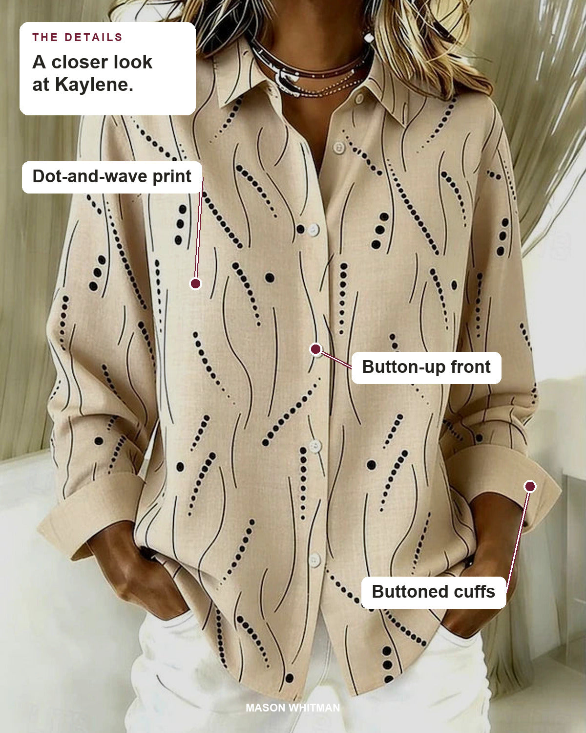 Kaylene blouse details: dot-and-wave print, button-up front, buttoned cuffs.