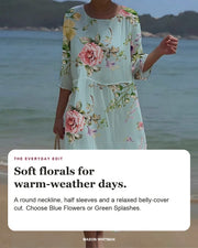 Keely floral dress with editorial text about its round neckline, half sleeves and relaxed belly-cover cut.