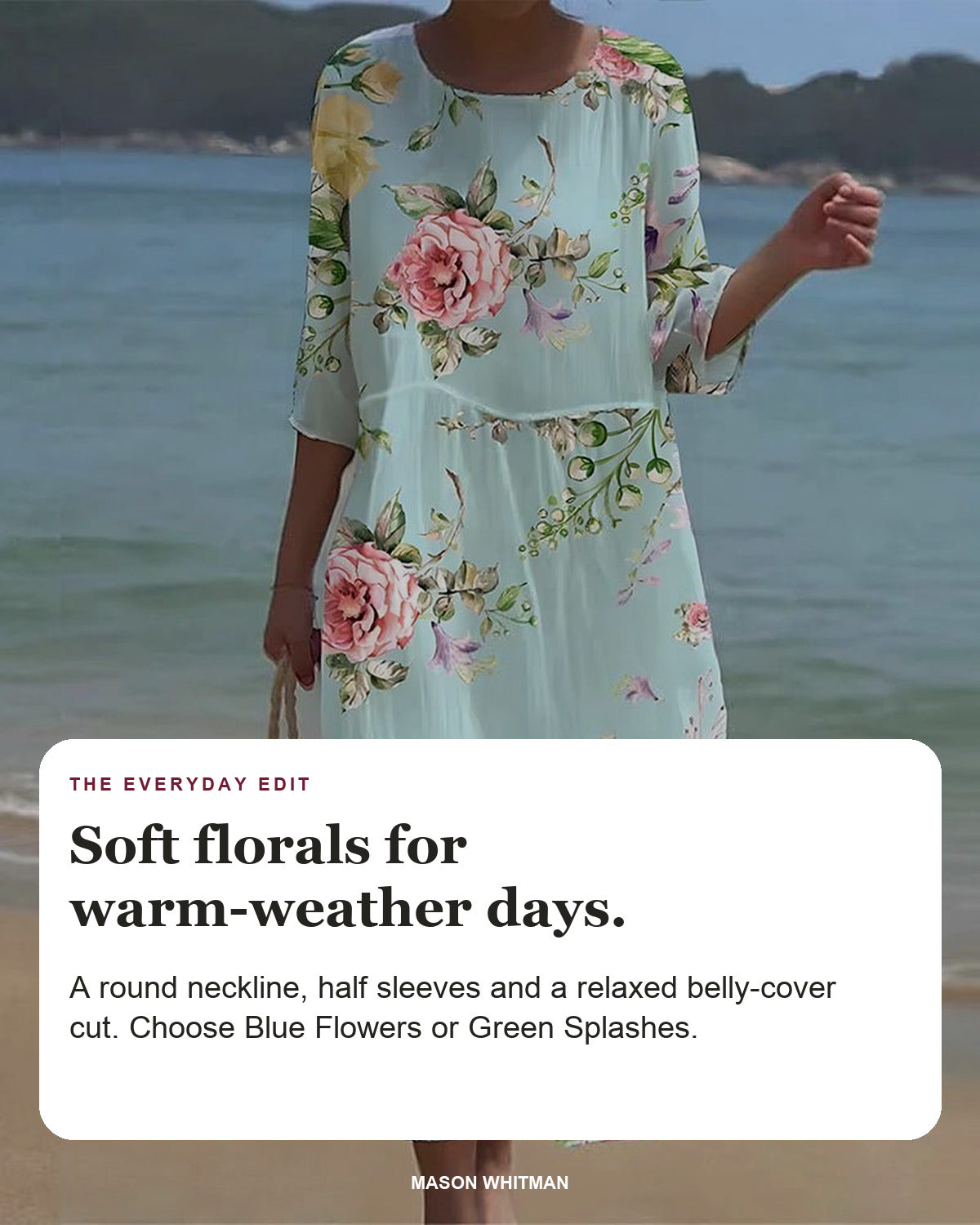 Keely floral dress with editorial text about its round neckline, half sleeves and relaxed belly-cover cut.