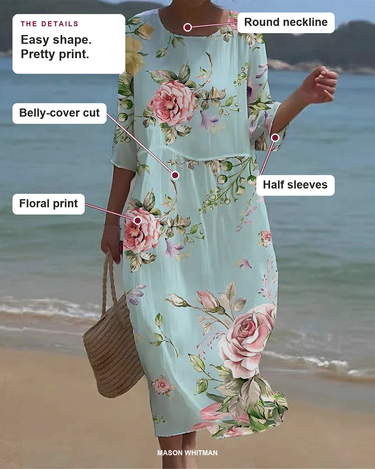 Keely dress showing its round neckline, belly-cover cut, half sleeves and floral print.