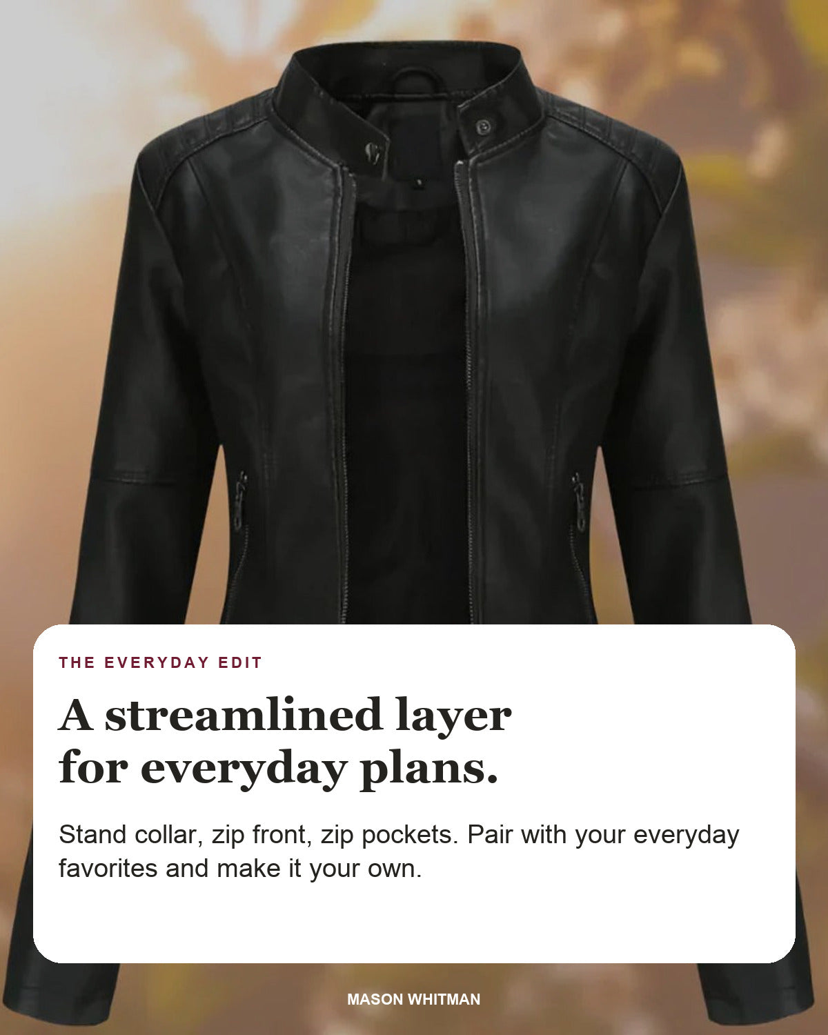 Larissa editorial styling card: Stand collar, Zip front, Zip pockets.
