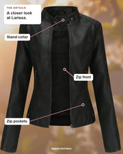 Larissa details: Stand collar, Zip front, Zip pockets.