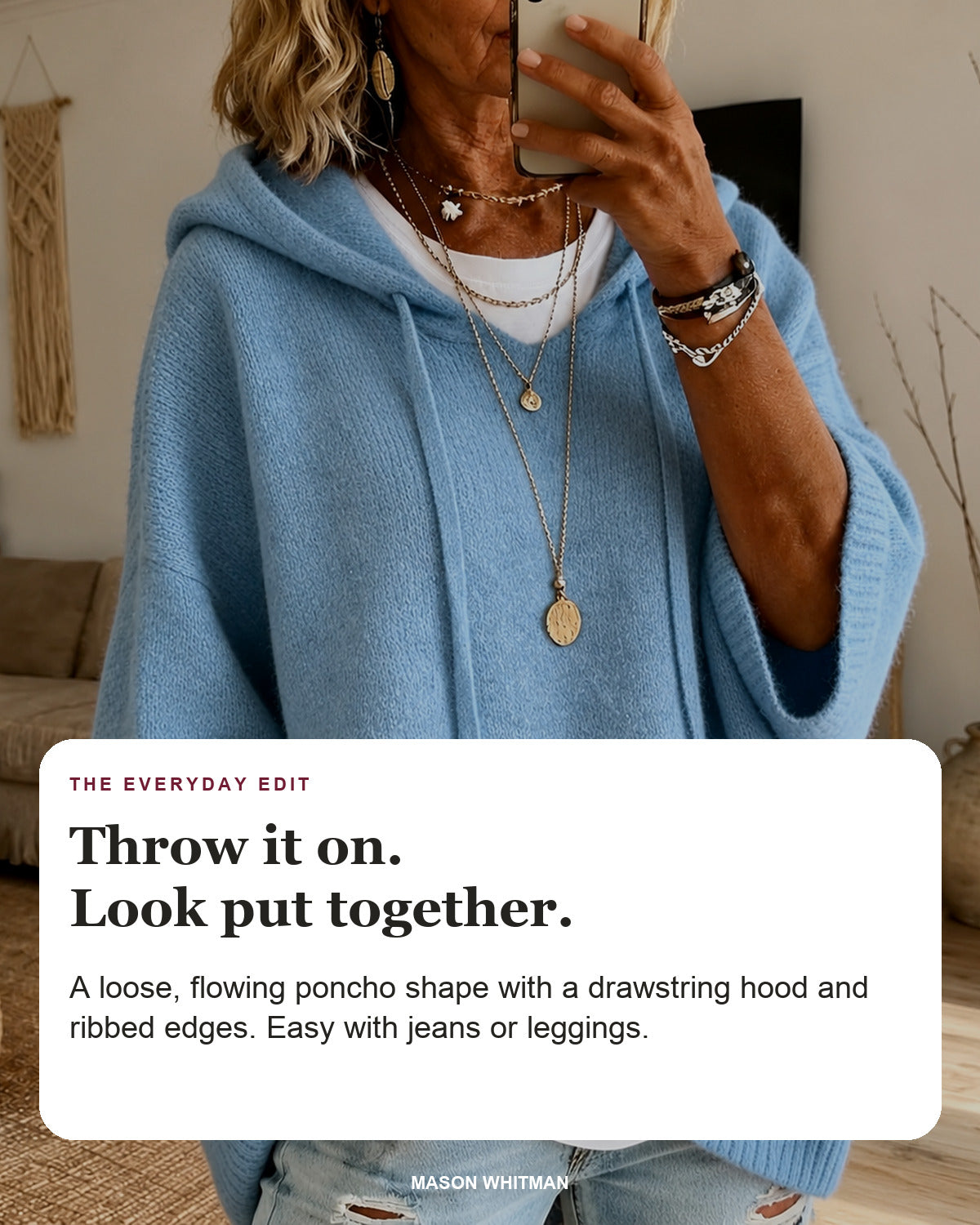 Lea sweater editorial card: drawstring hood, wide ribbed sleeves, ribbed hem.