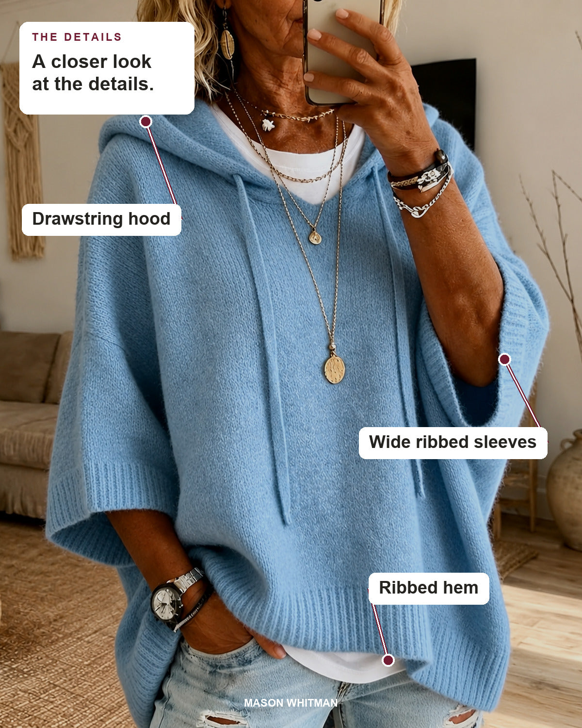 Lea sweater details: drawstring hood, wide ribbed sleeves, ribbed hem.