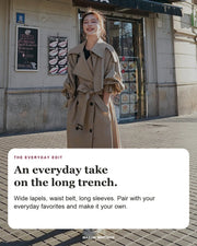 Lena editorial styling card: Wide lapels, Waist belt, Long sleeves.