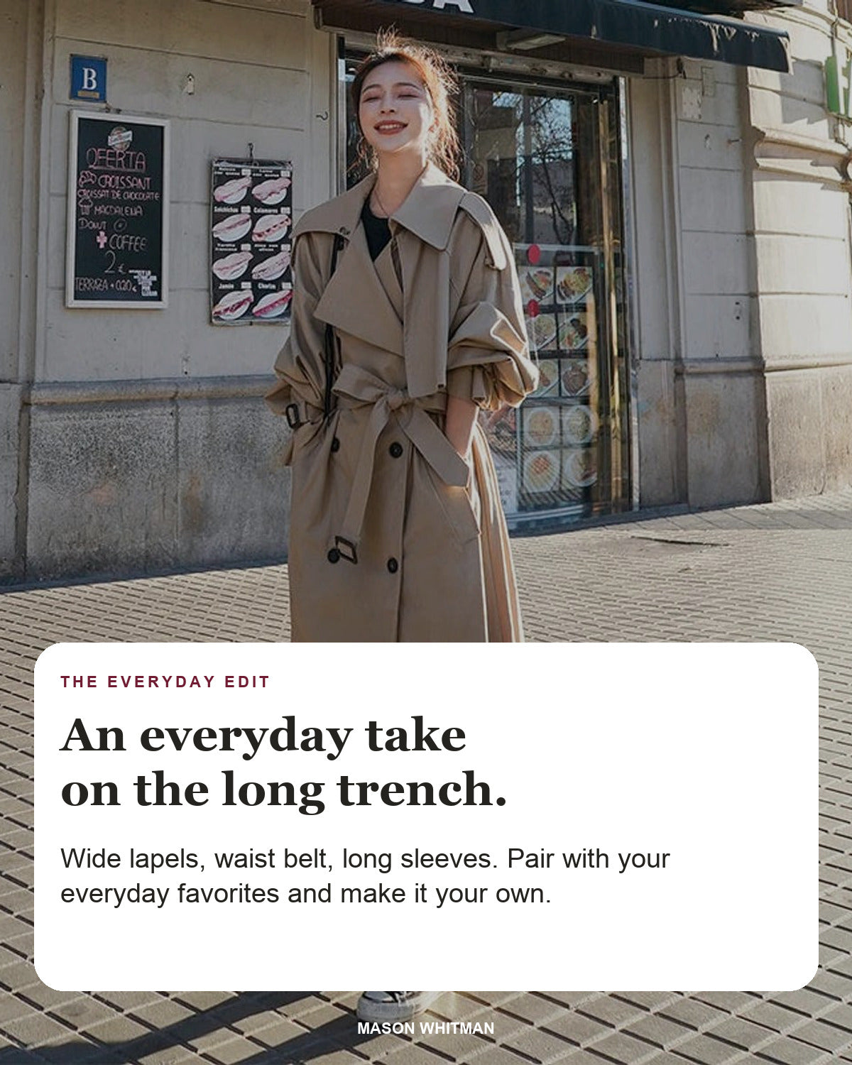 Lena editorial styling card: Wide lapels, Waist belt, Long sleeves.