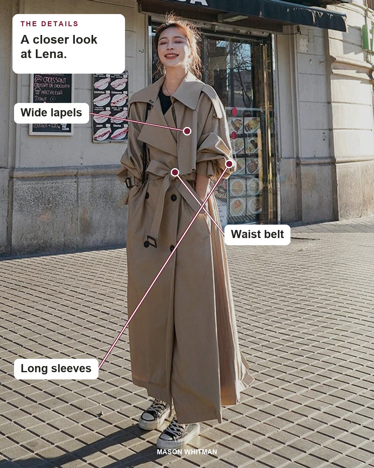 Lena details: Wide lapels, Waist belt, Long sleeves.