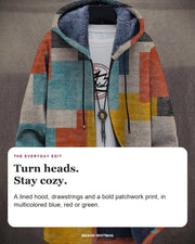 Liana hoodie editorial card: A lined hood, drawstrings and a bold patchwork print, in multicolored blue, red or green.