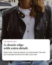 Lilian editorial styling card: Stand collar, Textured sleeves, Zip chest pocket.
