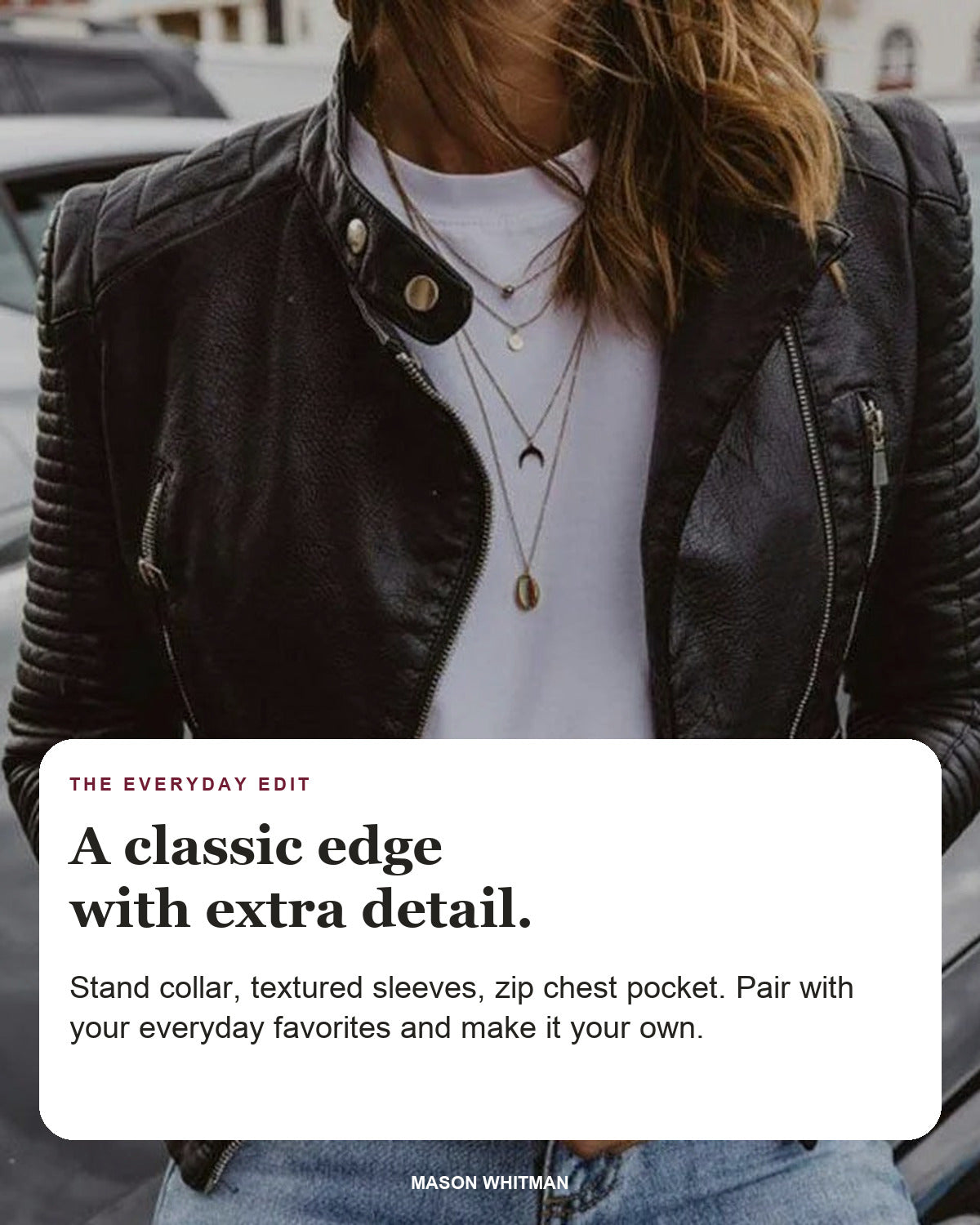 Lilian editorial styling card: Stand collar, Textured sleeves, Zip chest pocket.
