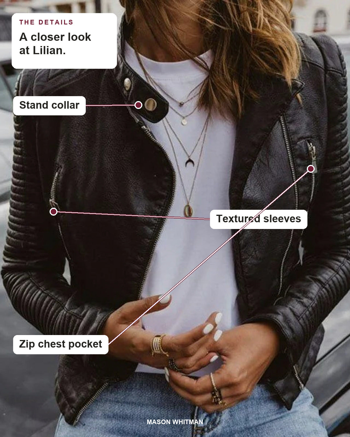 Lilian details: Stand collar, Textured sleeves, Zip chest pocket.