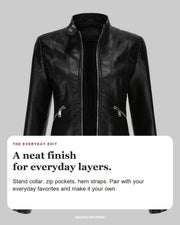 Linnea editorial styling card: Stand collar, Zip pockets, Hem straps.