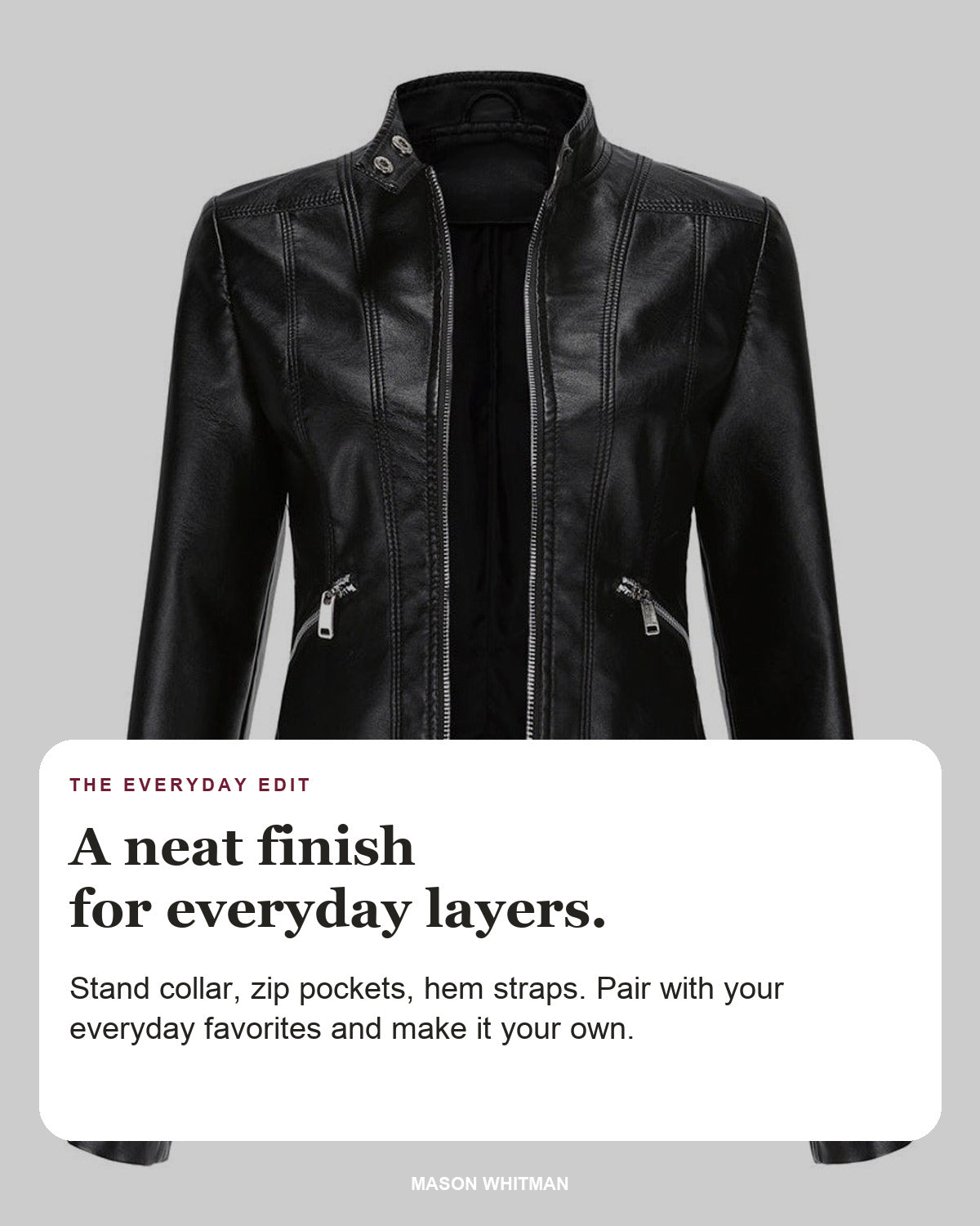 Linnea editorial styling card: Stand collar, Zip pockets, Hem straps.