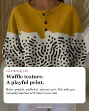 Liv editorial styling card: Button placket, Waffle knit, Abstract print.