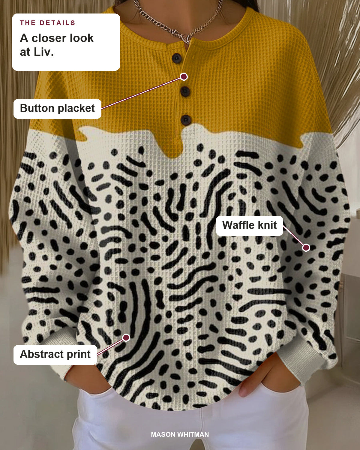 Liv details: Button placket, Waffle knit, Abstract print.