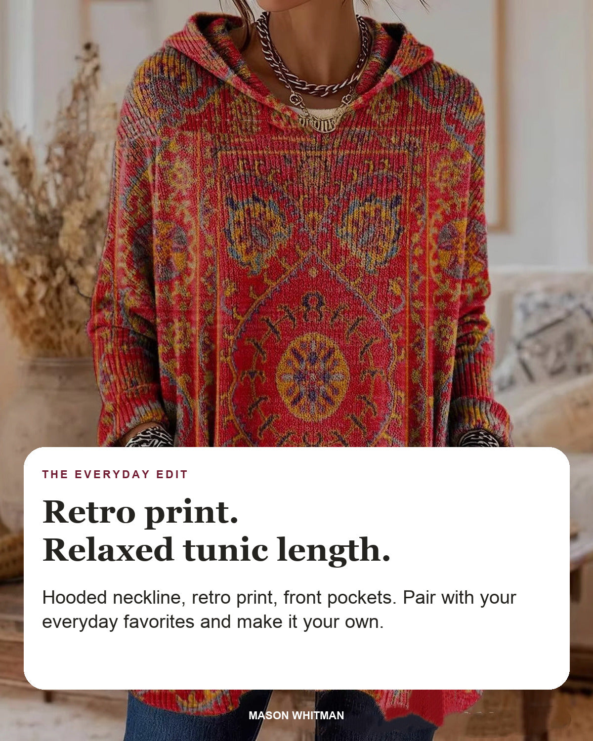 Lizzy editorial styling card: Hooded neckline, Retro print, Front pockets.
