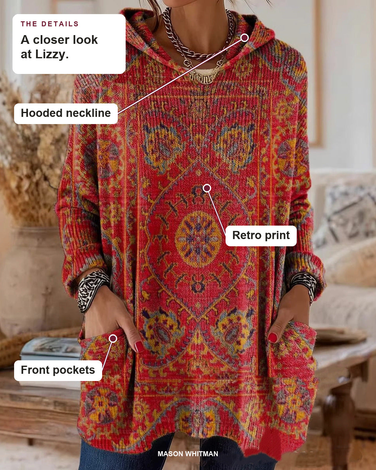 Lizzy details: Hooded neckline, Retro print, Front pockets.