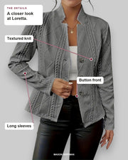 Loretta details: Textured knit, Button front, Long sleeves.