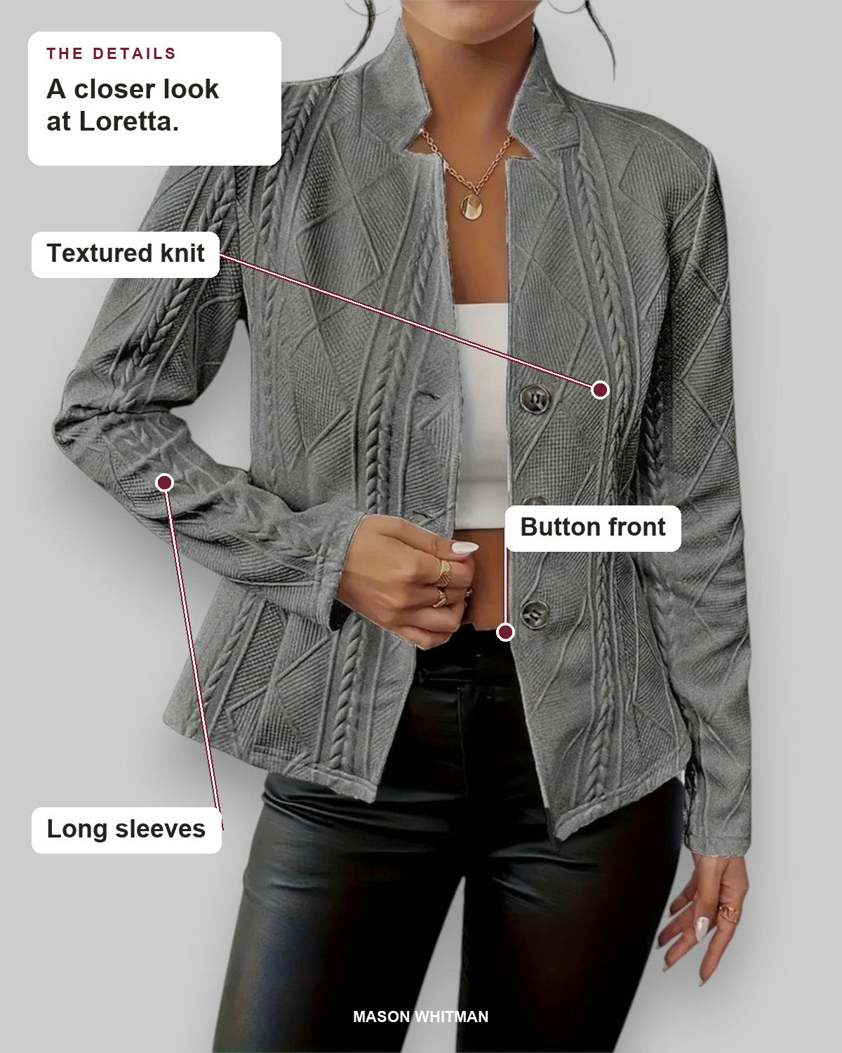 Loretta details: Textured knit, Button front, Long sleeves.