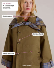 Lorna details: Point collar, Button front, Patch pockets.
