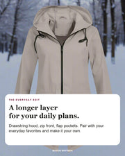 Lorraine editorial styling card: Drawstring hood, Zip front, Flap pockets.