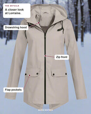 Lorraine details: Drawstring hood, Zip front, Flap pockets.