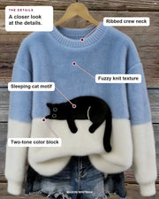 Lottie sweater showing its ribbed crew neck, fuzzy knit texture, sleeping cat motif and two-tone color block.