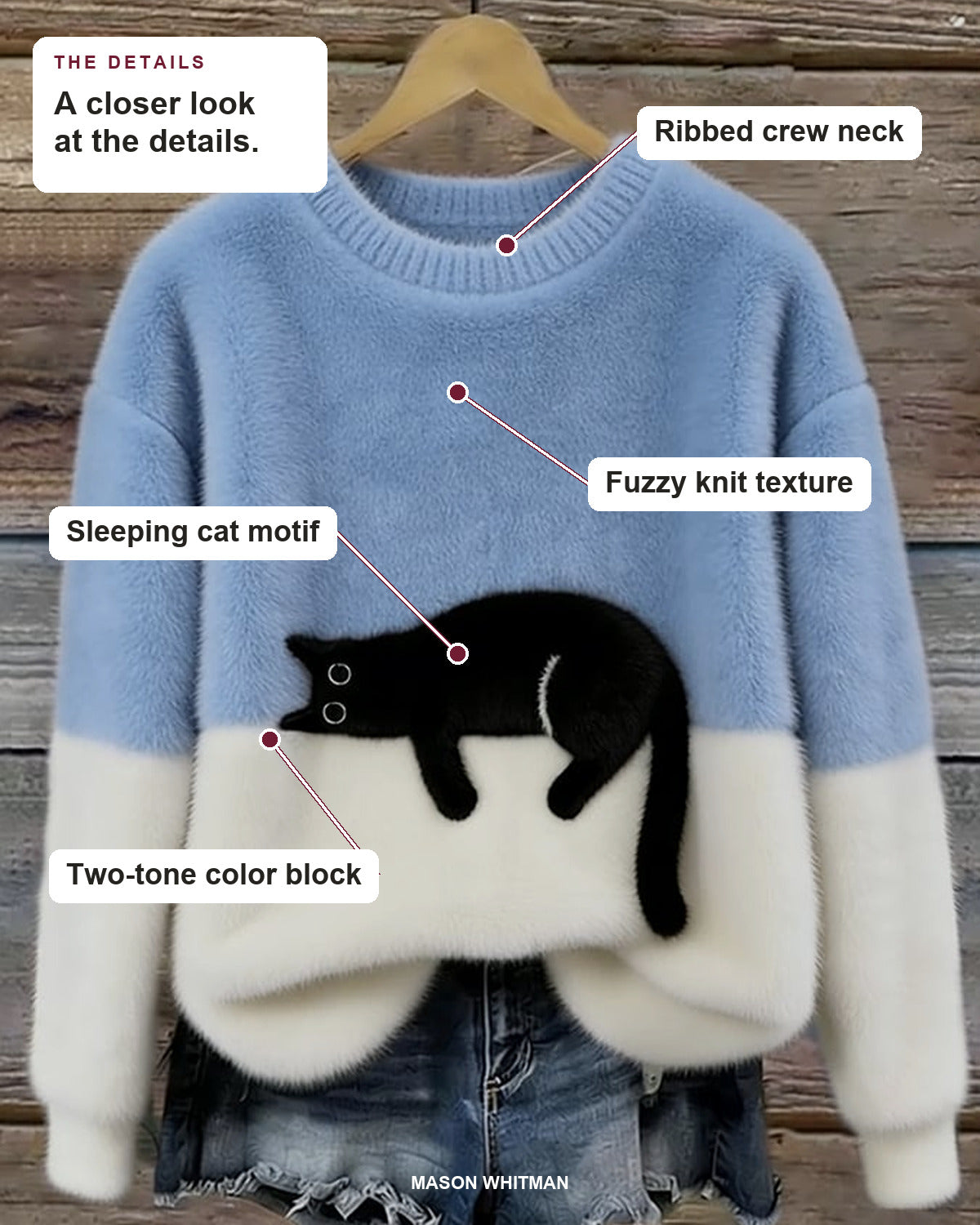 Lottie sweater showing its ribbed crew neck, fuzzy knit texture, sleeping cat motif and two-tone color block.