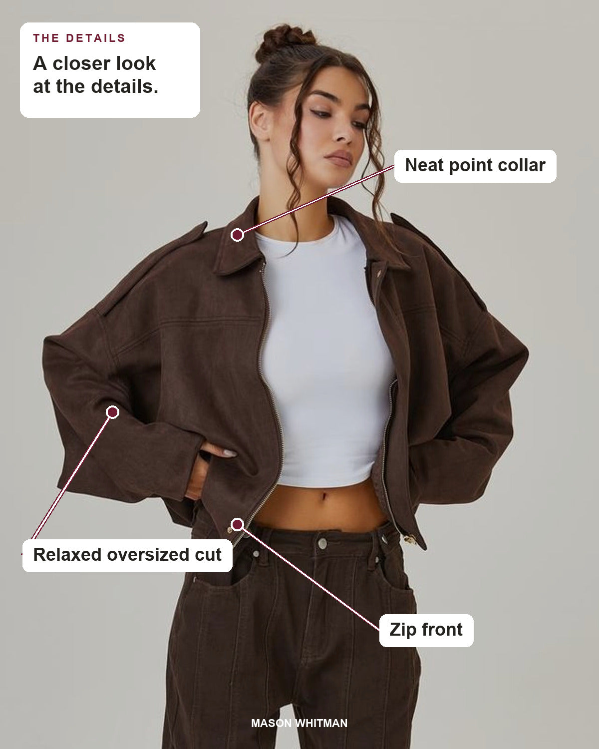 Louisa jacket details: neat point collar, relaxed oversized cut, zip front.