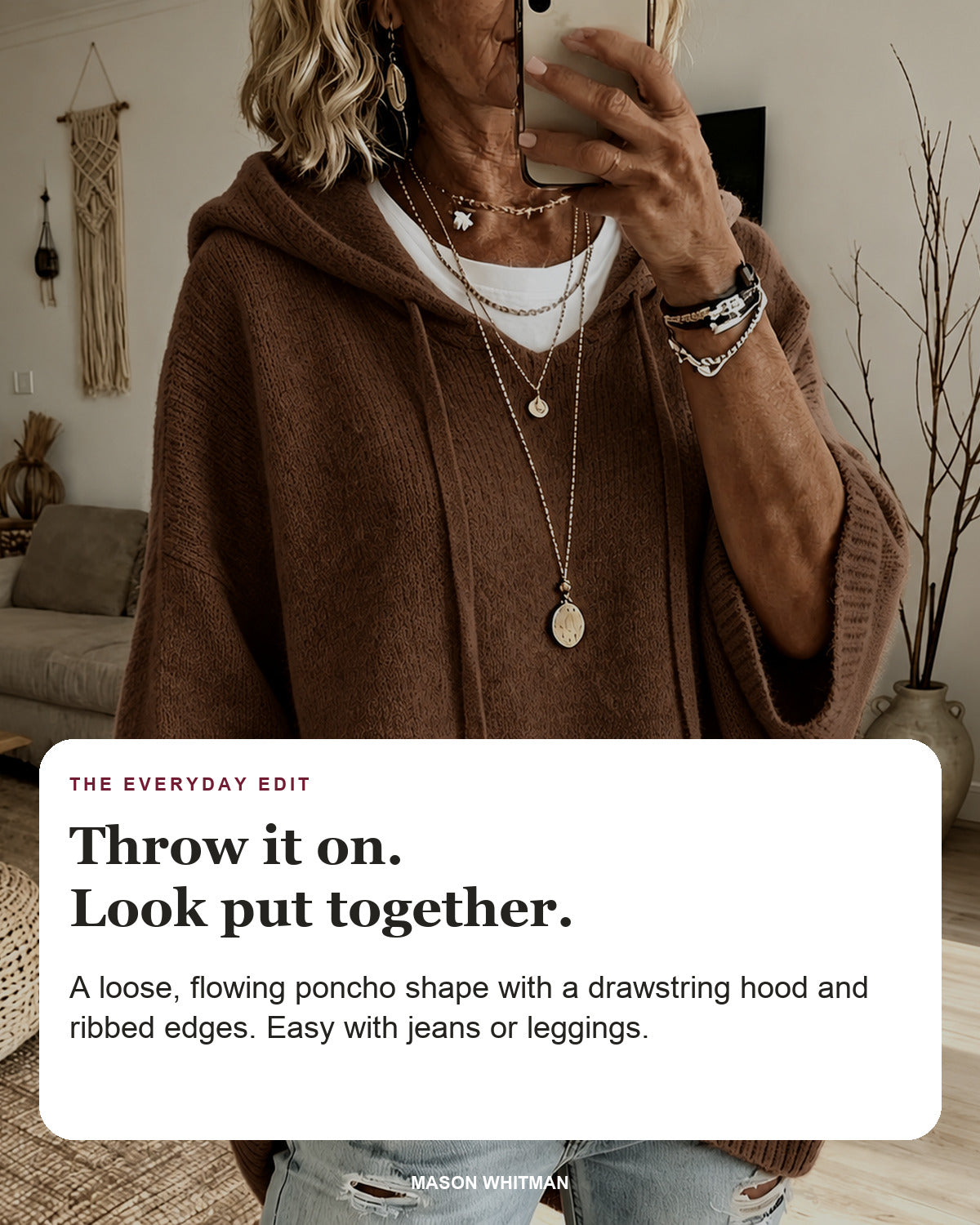 Louise sweater editorial card: drawstring hood, wide ribbed sleeves, ribbed hem.