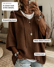 Louise sweater details: drawstring hood, wide ribbed sleeves, ribbed hem.