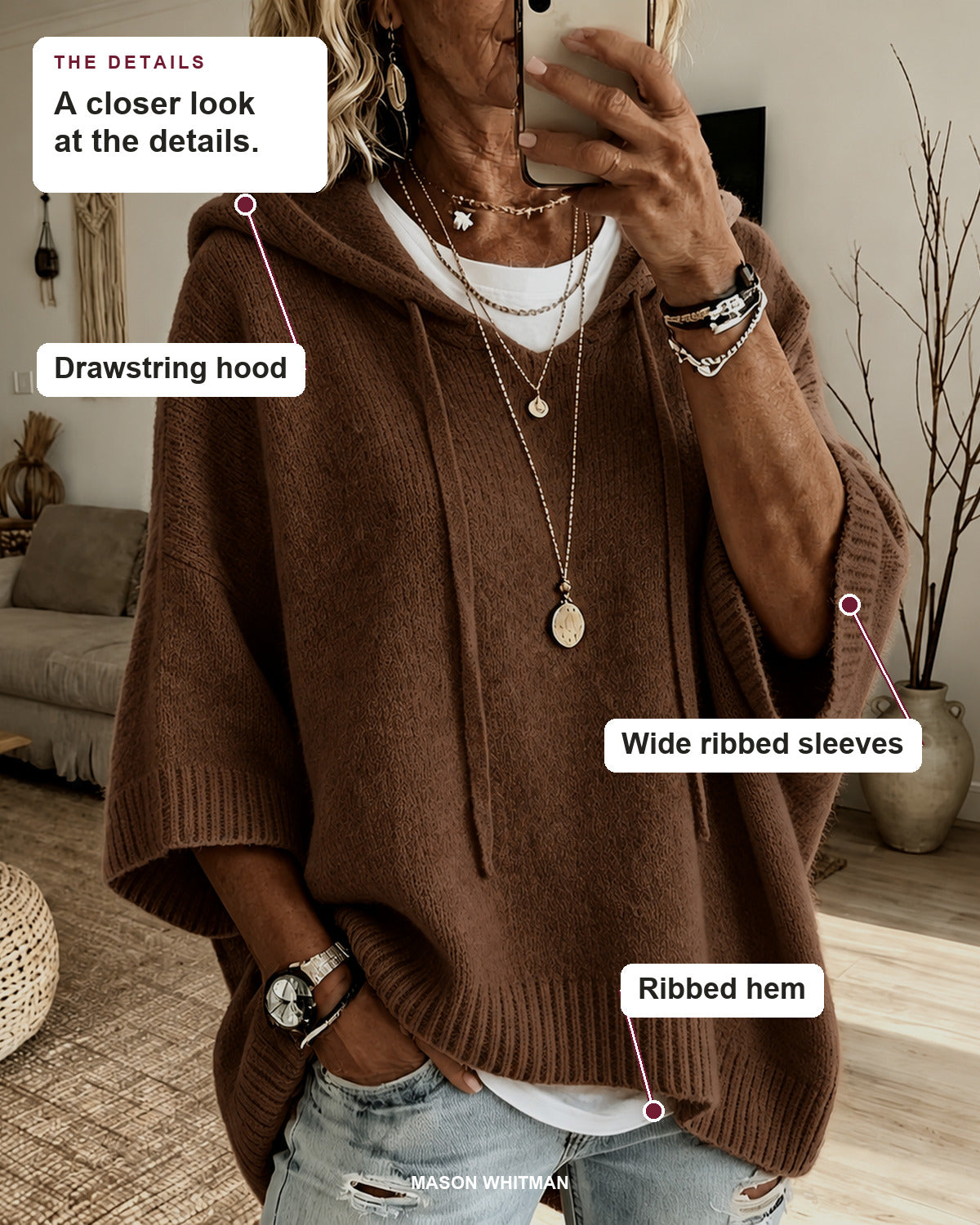 Louise sweater details: drawstring hood, wide ribbed sleeves, ribbed hem.