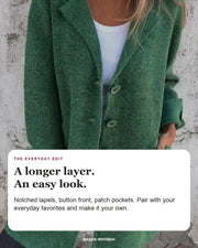 Lucille editorial styling card: Notched lapels, Button front, Patch pockets.